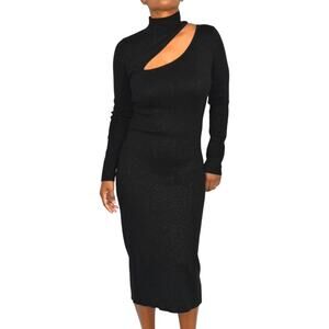 Opt Gertie Knit Sweater Dress Black Turtleneck Shimmer Midi Cutout Size Small